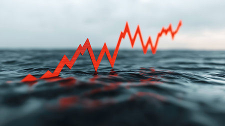 Falling red arrow on the sea. Financial crisis concept. 3D rendering