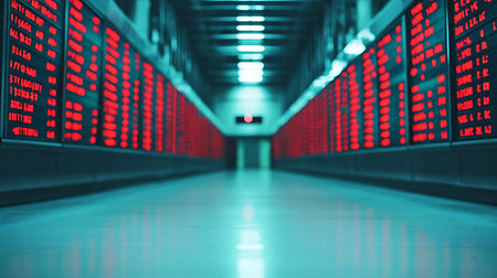 Futuristic data center corridor with computer monitors. Abstract technology background.