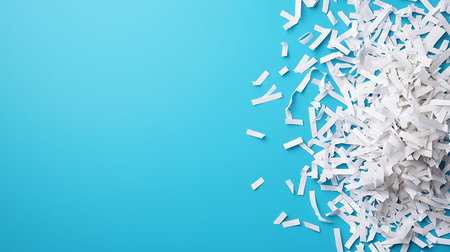 White paper shredded paper on blue background with copy space for text.
