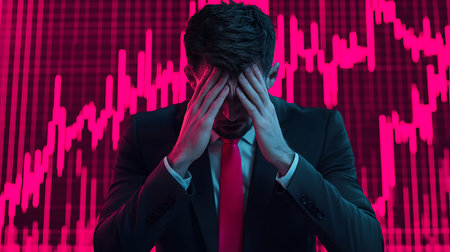 Stressed businessman covering his face with hands in front of red graph