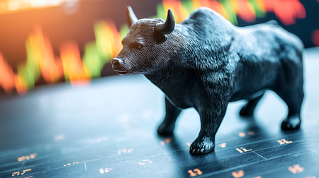 Bull and bear statuette on stock market chart. Bull and bear statuette.の写真素材