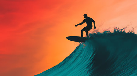 Surfer silhouette on the wave at sunset. 3D Renderingの写真素材