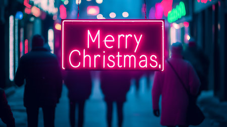 Merry Christmas neon sign on the street. Blurred background.の写真素材