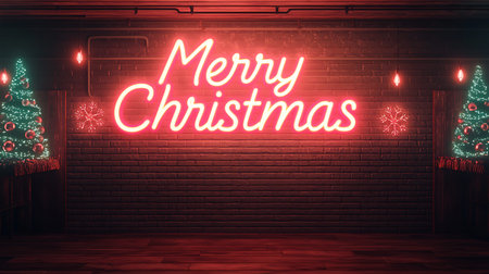 Merry Christmas and Happy New Year greeting card with Christmas tree on brick wall backgroundの写真素材