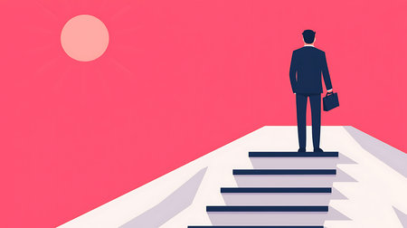 Businessman standing on the top of the stairs to success, vector illustrationの写真素材