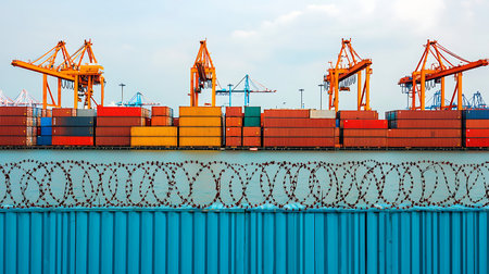 Container Cargo freight ship with working crane bridge in shipyard for Logistic Import Export backgroundの写真素材