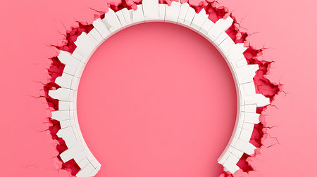Abstract cracked hole in pink wall with white bricks. 3d render illustration