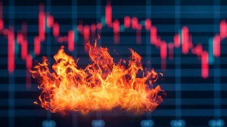 Fire flames and stock market chart on blue background. Stock market concept.の写真素材
