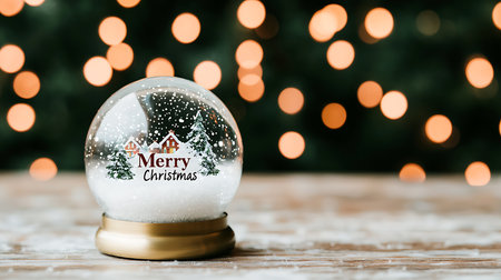 Christmas snow globe with Merry Christmas text on bokeh background.の写真素材