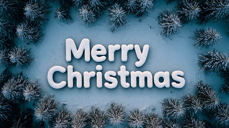 Merry Christmas word on blue background with fir branches and snowflakesの写真素材