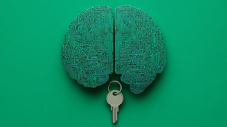 Human brain with key on green background. 3D rendering. Computer digital drawing.の写真素材