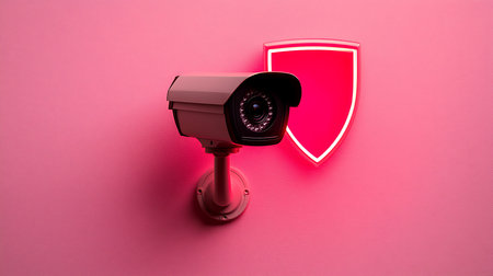 Security camera and red shield on pink background, security concept, copy spaceの写真素材