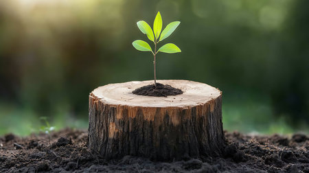 Tree seedling growing on old tree stump with soil in nature backgroundの写真素材