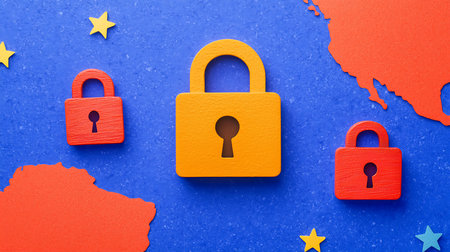 Concept of world security. Colorful wooden padlock on blue background.の写真素材