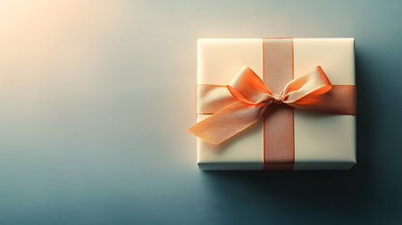 Gift box with orange ribbon on blue background with copy space.の写真素材