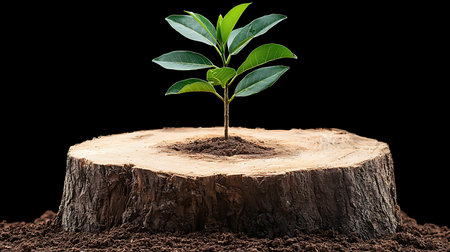 Young green sprout on a wooden stump with soil on a black background