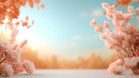 3d render, spring background with flowers and bokeh lightsの写真素材