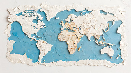 World map with cracked paint on the wall, concept of economic crisisの写真素材