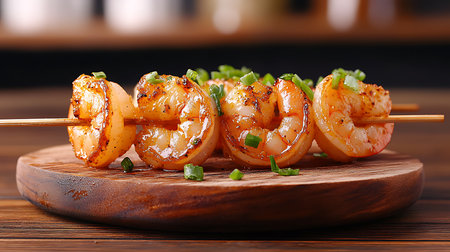 Grilled shrimps on wooden skewer with green onion, closeupの写真素材