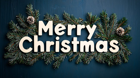 Merry Christmas and Happy New Year greeting card with fir branches on blue wooden background. Top...