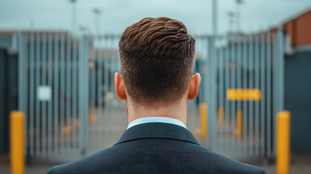 Rear view of a young businessman standing in an urban environment.