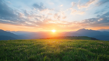 Sunset in the mountains. Panoramic view of the meadow with flowers.の写真素材