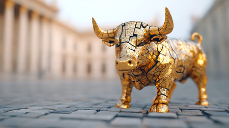 Golden bull on the street. 3d illustration. Business concept.の写真素材