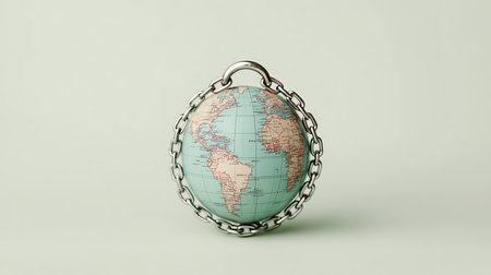 Earth globe with metal chain on white background. 3D illustration.の写真素材
