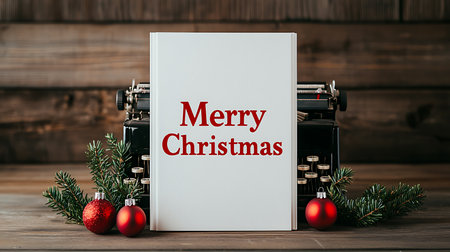 Merry Christmas text on book with vintage typewriter on wooden backgroundの写真素材