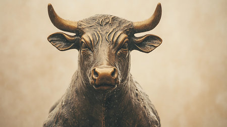 Close up of bull statue with grunge background, vintage tone.の写真素材