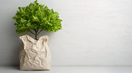 Plant in paper bag on wood wall background with copy space.の写真素材