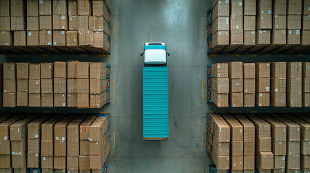 High angle view of a truck in a warehouse. 3d rendering