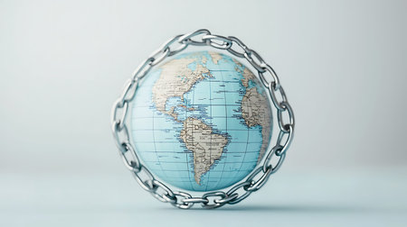 Earth globe in chains on white background. 3d render illustration.