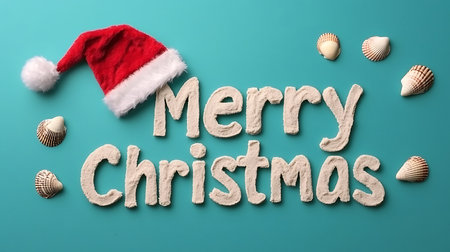 Christmas background with Santa Claus hat, seashells and text Merry Christmasの写真素材