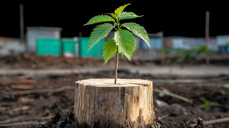 Young green seedling growing from tree stump. New life concept