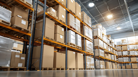 Warehouse or storehouse with rows of boxes on shelves and racks