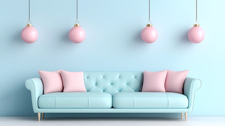 blue sofa with pink pillows on a blue wall background, 3d renderの写真素材