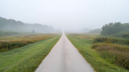 Country road in a foggy morning. Panoramic view.の写真素材