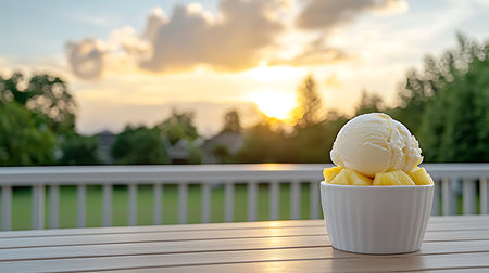 Ice cream in a bowl on wooden table with sunset backgroundの写真素材