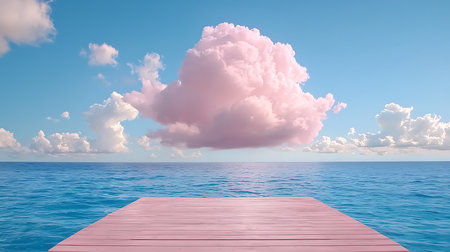 Wooden floor on seascape with pink cloud and blue skyの写真素材