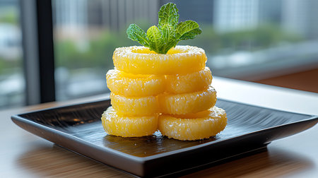 Slices with mint leaves on black plate in restaurant.の写真素材