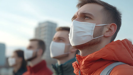 Group of young people in medical masks against the background of the city