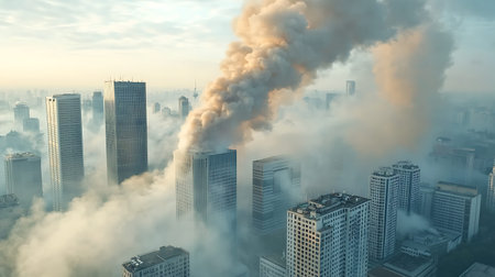 Aerial view of smog in the city with skyscrapers