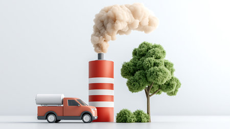 Concept of environmental pollution. 3D rendering. Truck with smoke coming out of chimney