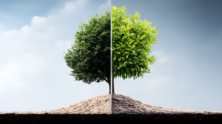 Conceptual image of green tree growing on soil with sky backgroundの写真素材