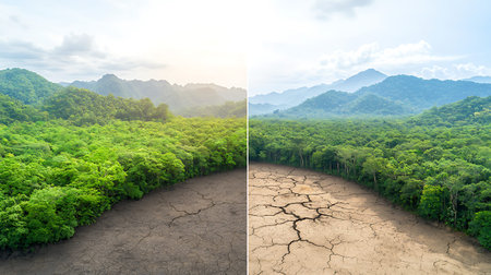 Collage of aerial view of tropical forest at sunset and sunrise.