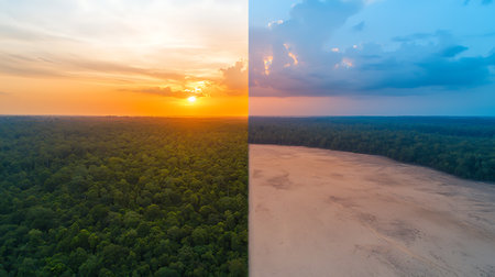 Aerial view of beautiful sunset over the forest. Drone photography.の写真素材