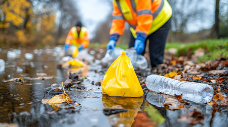 Volunteer collecting plastic waste in a puddle on a sunny dayの写真素材