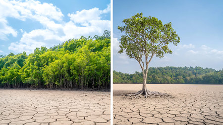 Mangrove trees in the dry and cracked ground, concept of climate change
