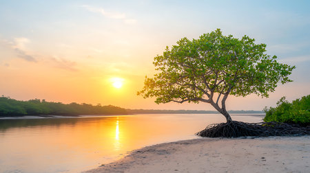 Mangrove tree on the beach at sunset, Thailand.の写真素材